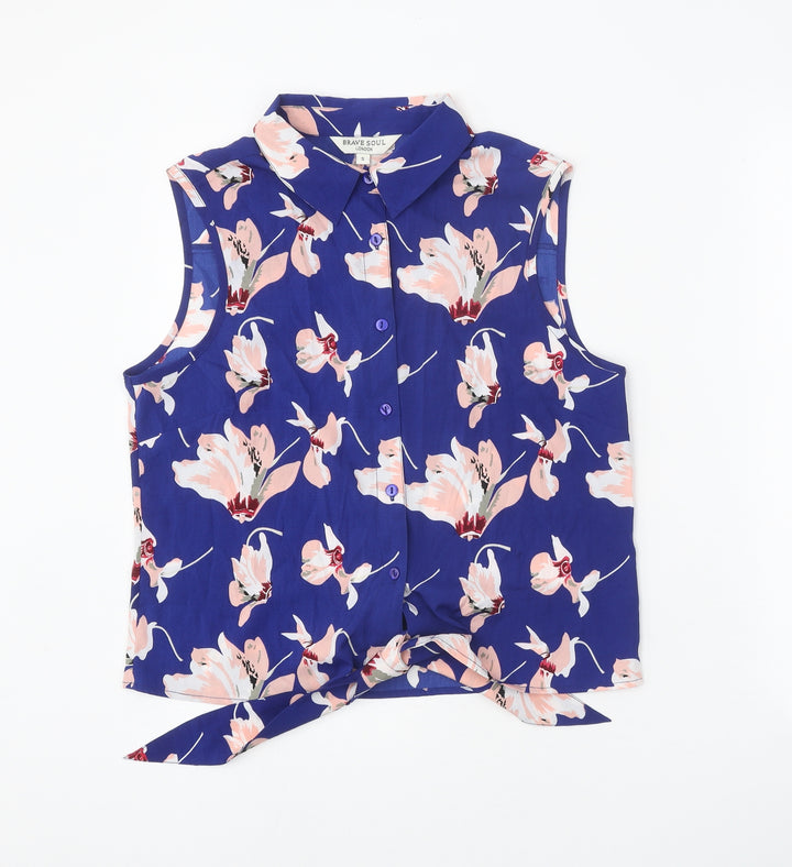 Brave Soul Womens Blue Floral Polyester Basic Button-Up Size S Collared - Knot Front