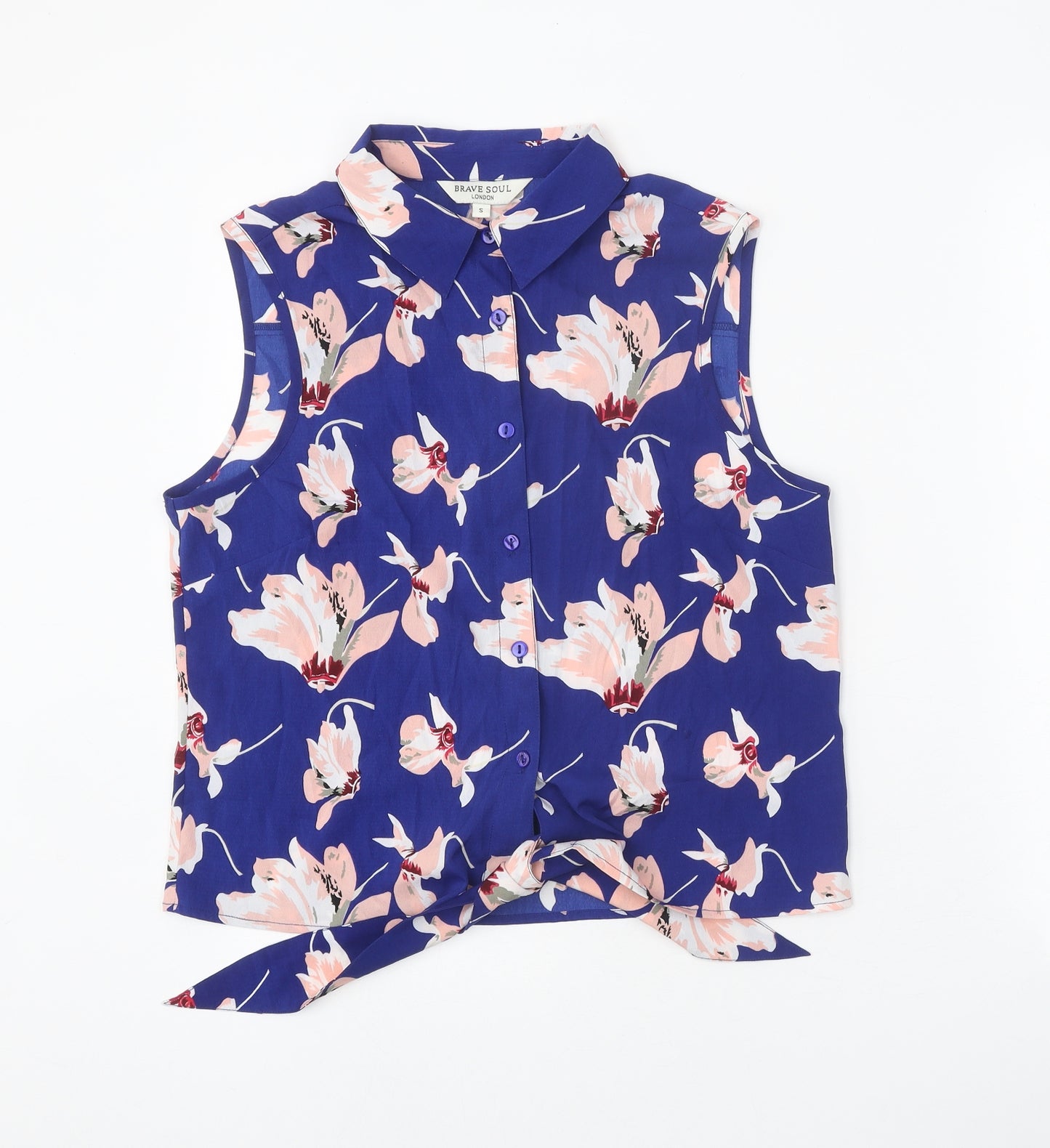 Brave Soul Womens Blue Floral Polyester Basic Button-Up Size S Collared - Knot Front