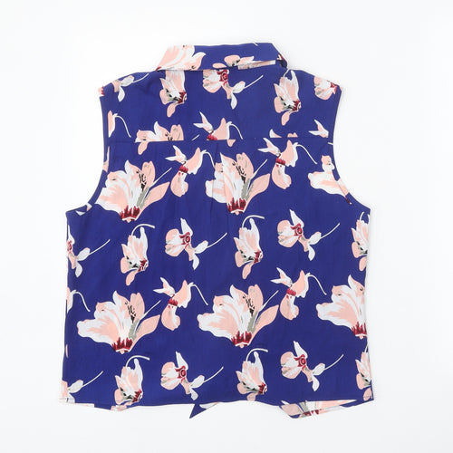 Brave Soul Womens Blue Floral Polyester Basic Button-Up Size S Collared - Knot Front