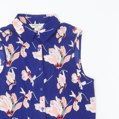 Brave Soul Womens Blue Floral Polyester Basic Button-Up Size S Collared - Knot Front