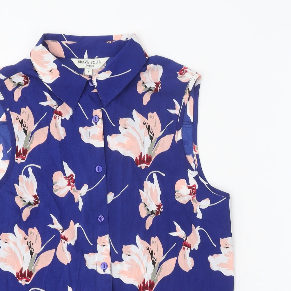 Brave Soul Womens Blue Floral Polyester Basic Button-Up Size S Collared - Knot Front