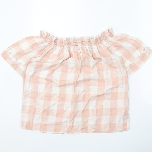 Papaya Womens Pink Check Polyester Cropped Blouse Size 12 Boat Neck