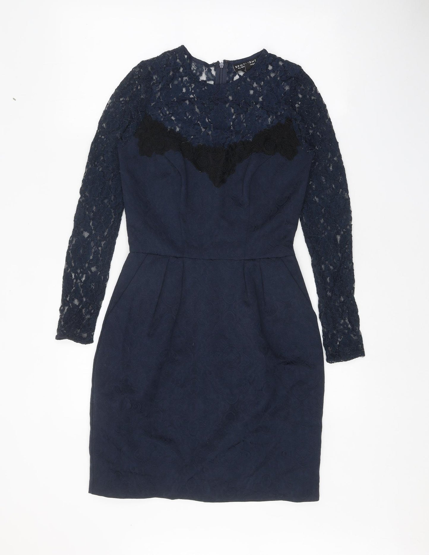 Warehouse Womens Blue Polyester Pencil Dress Size 6 Round Neck Zip - Lace Top