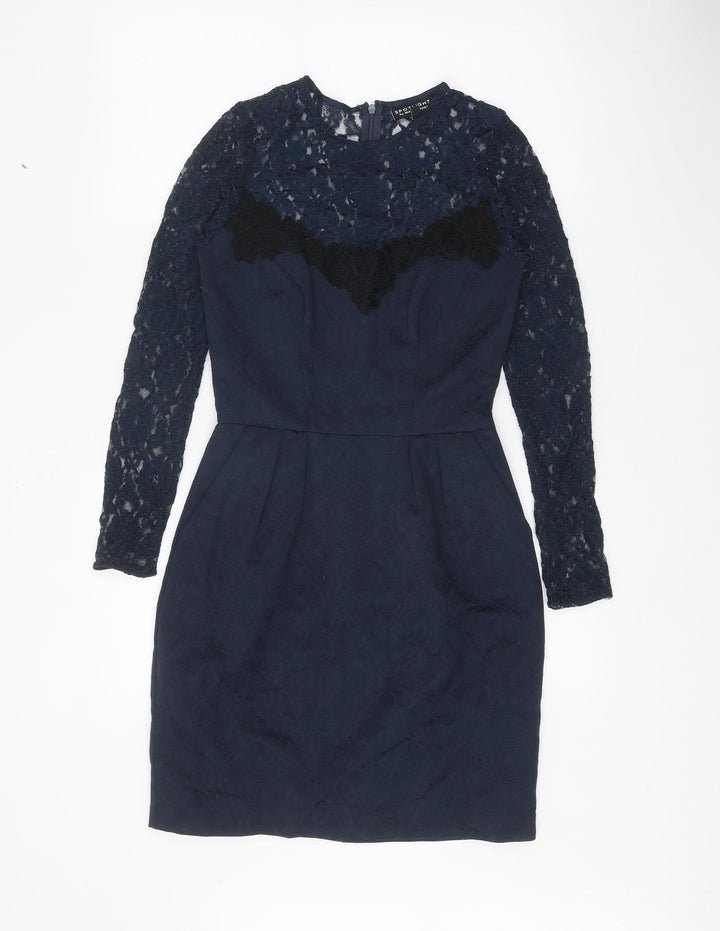 Warehouse Womens Blue Polyester Pencil Dress Size 6 Round Neck Zip - Lace Top