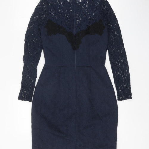 Warehouse Womens Blue Polyester Pencil Dress Size 6 Round Neck Zip - Lace Top