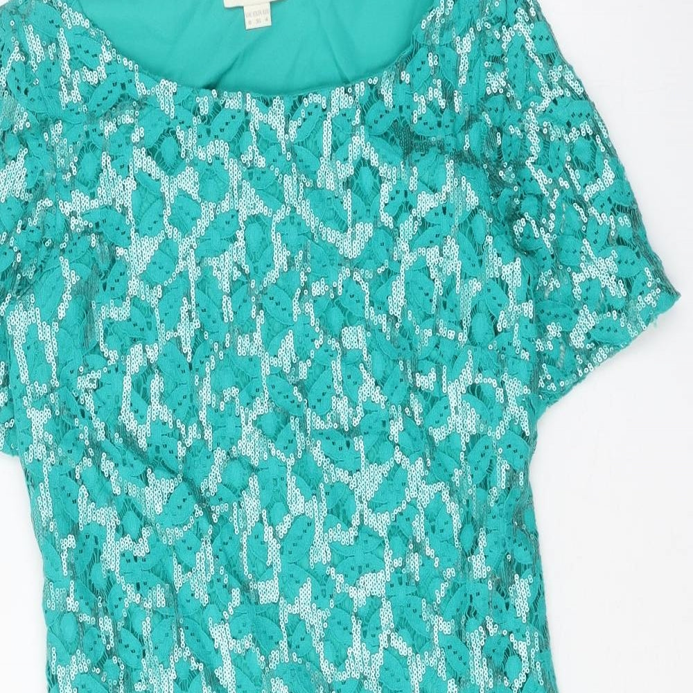 Monsoon Womens Green Geometric Cotton Shift Size 8 Boat Neck Zip