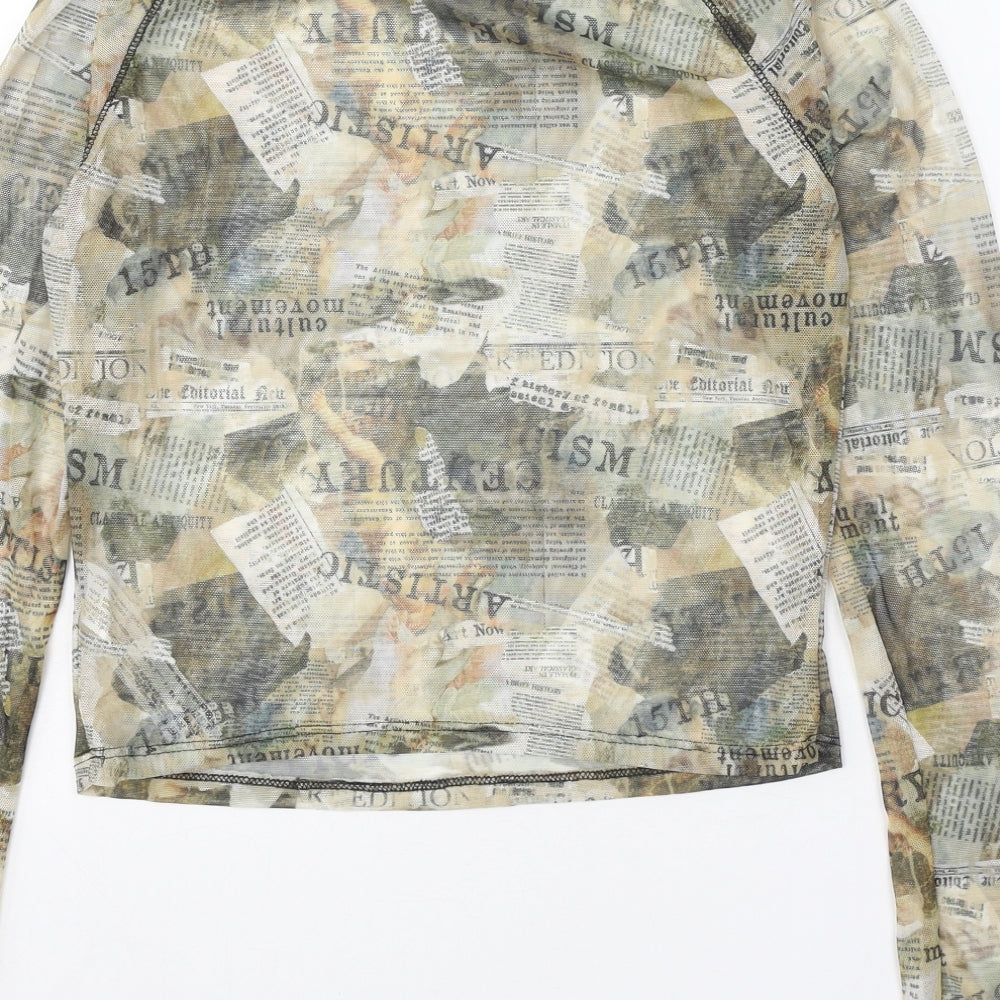 Bershka Womens Beige Geometric Polyester Basic T-Shirt Size L Round Neck
