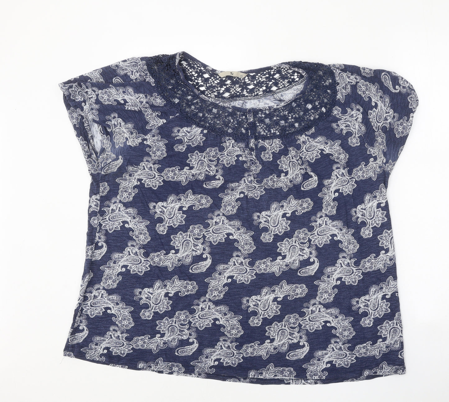 TU Womens Blue Geometric Cotton Basic Blouse Size 22 Boat Neck - Crochet Neck Trim