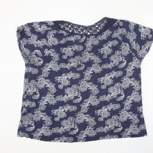 TU Womens Blue Geometric Cotton Basic Blouse Size 22 Boat Neck - Crochet Neck Trim