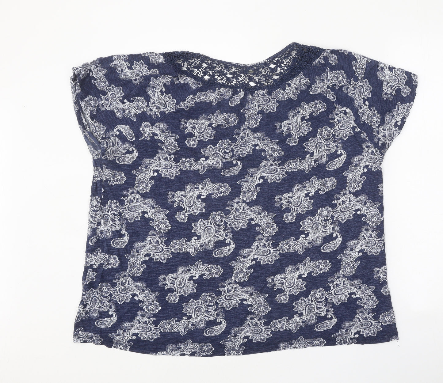 TU Womens Blue Geometric Cotton Basic Blouse Size 22 Boat Neck - Crochet Neck Trim