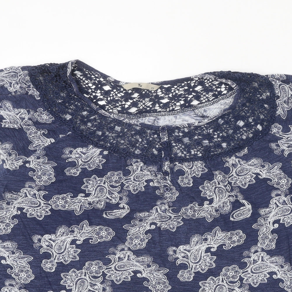 TU Womens Blue Geometric Cotton Basic Blouse Size 22 Boat Neck - Crochet Neck Trim