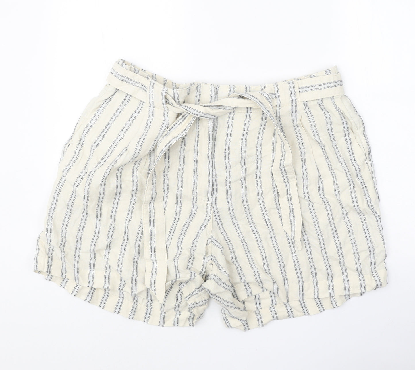 Marks and Spencer Womens Beige Striped Polyester Paperbag Shorts Size 20 Regular Zip