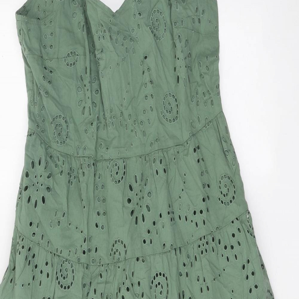 Per Una Womens Green 100% Cotton A-Line Size 12 Sweetheart Tie - Broderie Anglaise