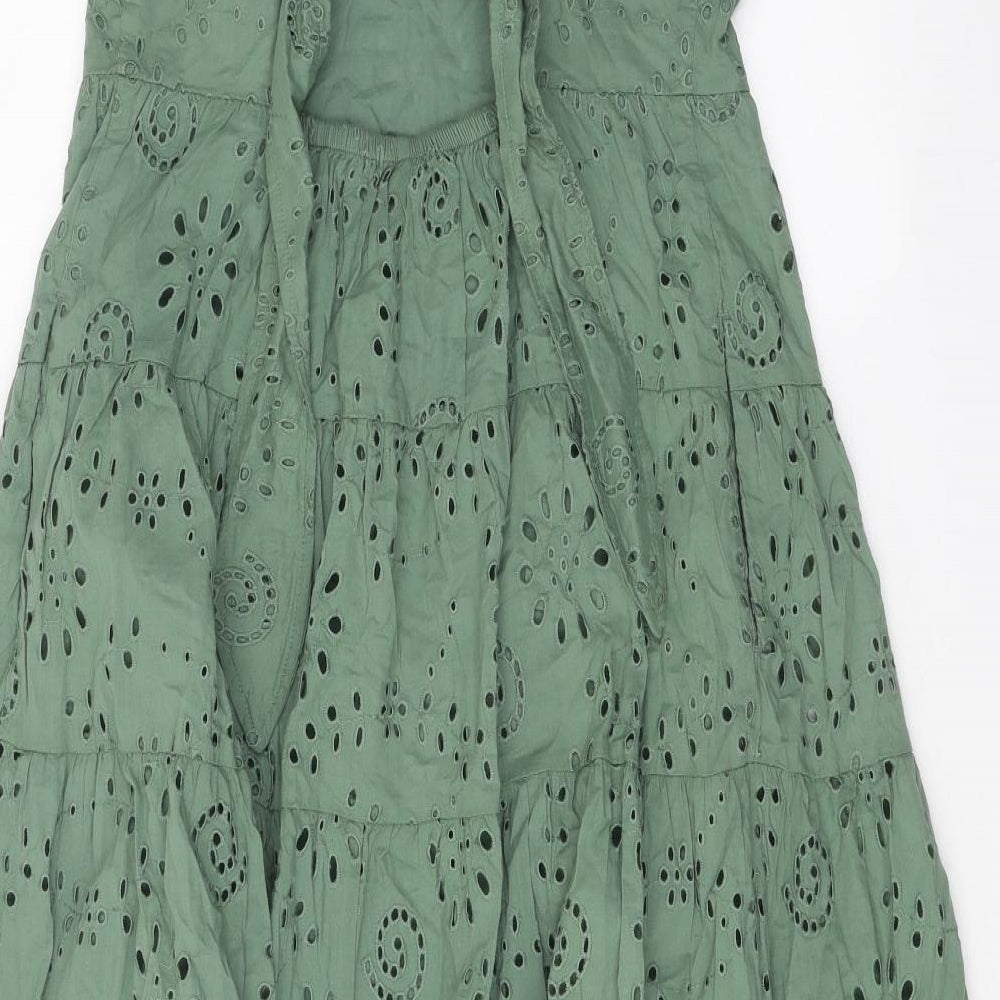 Per Una Womens Green 100% Cotton A-Line Size 12 Sweetheart Tie - Broderie Anglaise