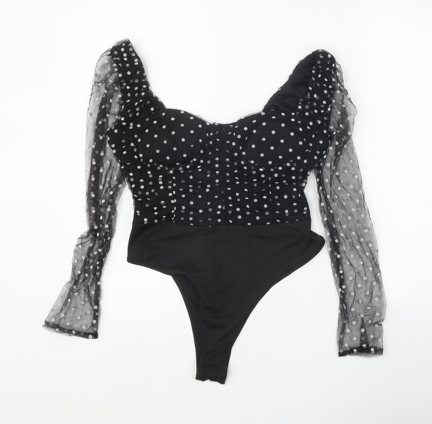 Boohoo Womens Black Polka Dot Polyester Bodysuit One-Piece Size 12 Snap