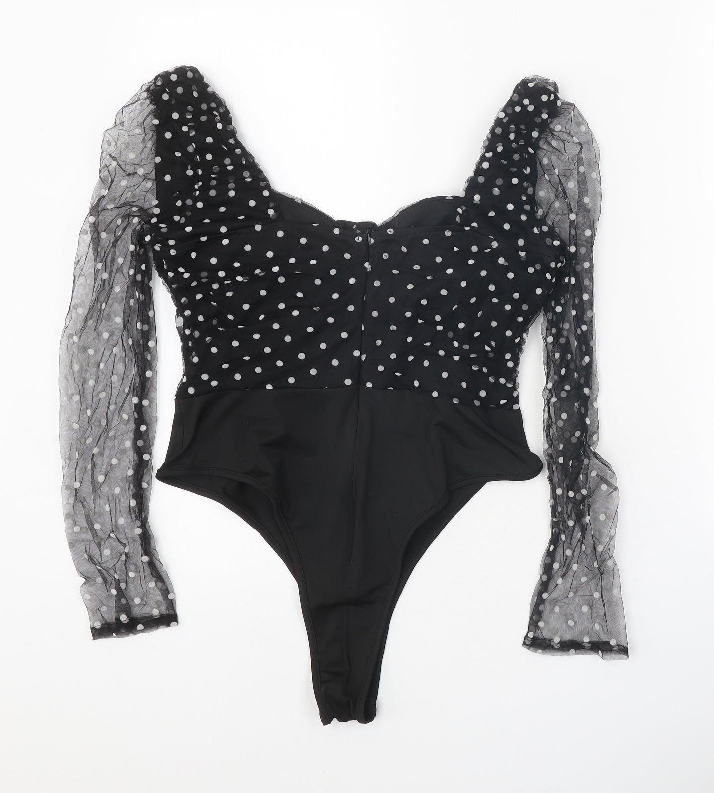 Boohoo Womens Black Polka Dot Polyester Bodysuit One-Piece Size 12 Snap