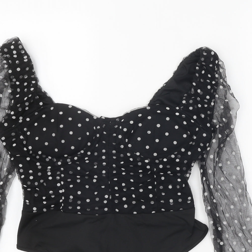 Boohoo Womens Black Polka Dot Polyester Bodysuit One-Piece Size 12 Snap
