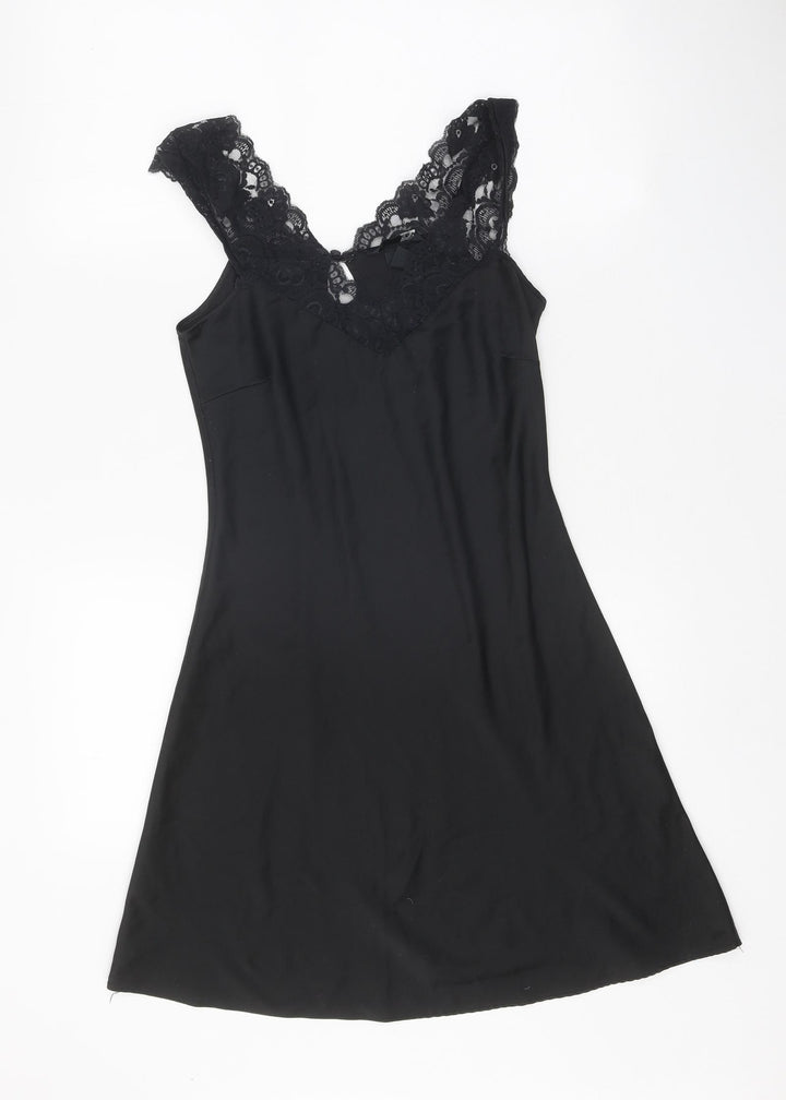 H&M Womens Black Polyester A-Line Size XS V-Neck Button - Lace Trim