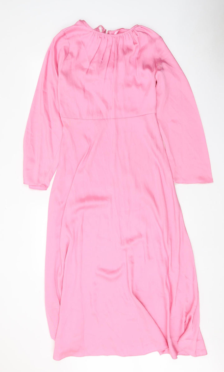 Marks and Spencer Womens Pink Polyester A-Line Size 10 Boat Neck Zip - Pleat Detail