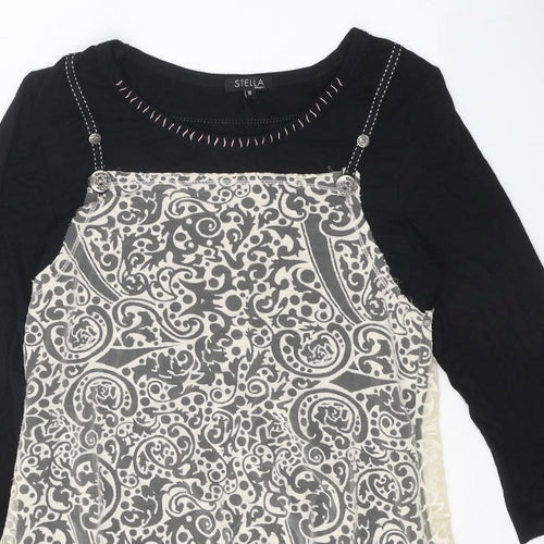 Stella Womens Black Geometric Polyester Basic Blouse Size 10 Round Neck
