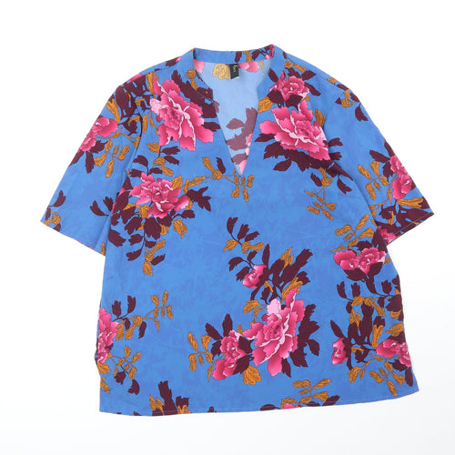 Y.A.S Womens Blue Floral Polyester Basic Blouse Size L V-Neck