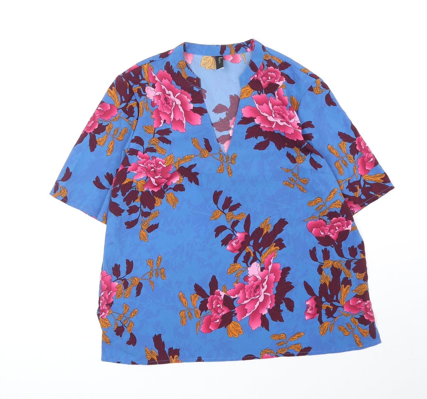 Y.A.S Womens Blue Floral Polyester Basic Blouse Size L V-Neck