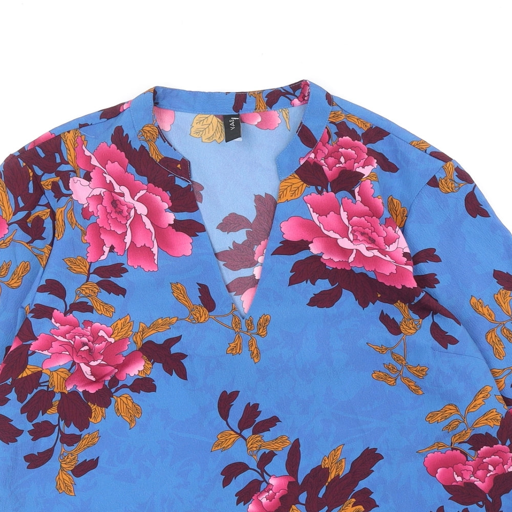 Y.A.S Womens Blue Floral Polyester Basic Blouse Size L V-Neck