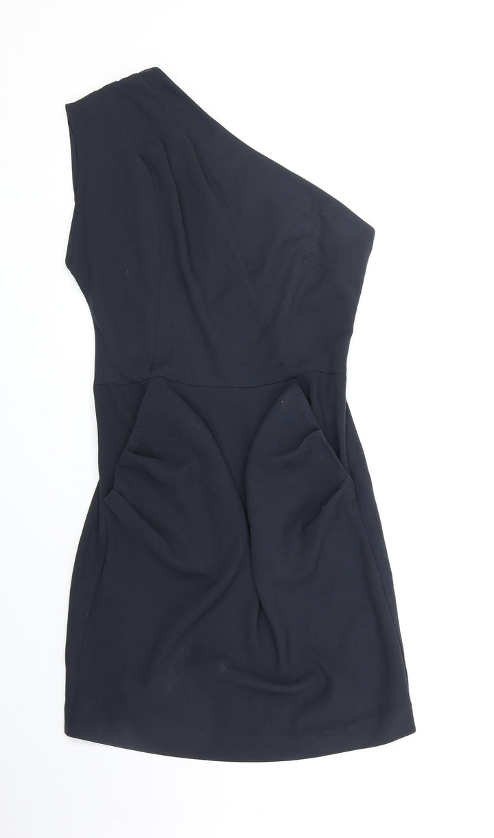 Warehouse Womens Blue Polyester Shift Size 10 One Shoulder Zip