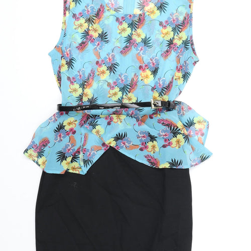International Womens Blue Floral Polyester Pencil Dress Size 8 V-Neck Zip