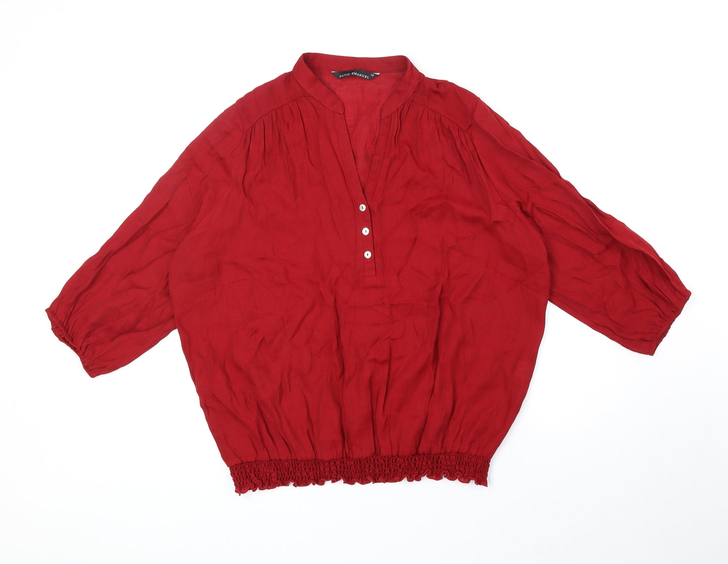 David Emanuel Womens Red Polyester Basic Blouse Size 14 V-Neck