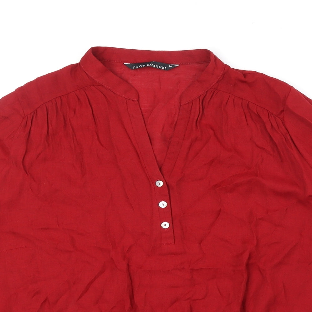 David Emanuel Womens Red Polyester Basic Blouse Size 14 V-Neck
