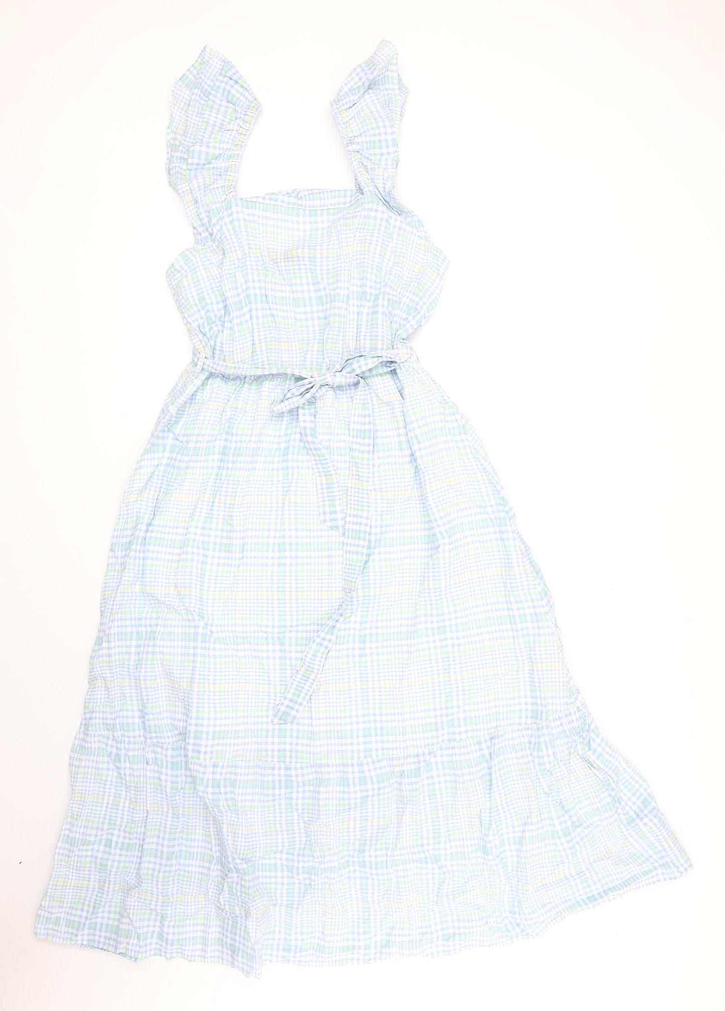 Marks and Spencer Womens Blue Plaid 100% Cotton A-Line Size 12 Square Neck Pullover