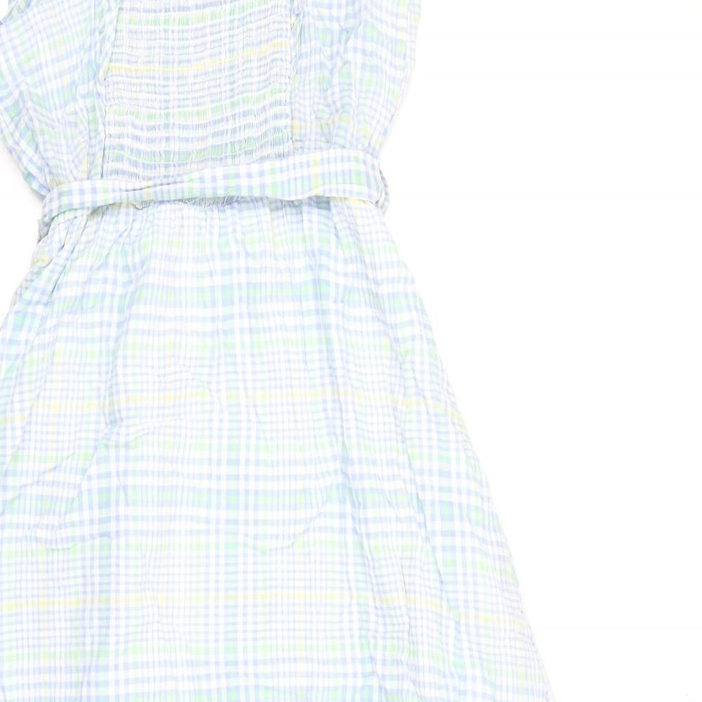 Marks and Spencer Womens Blue Plaid 100% Cotton A-Line Size 12 Square Neck Pullover