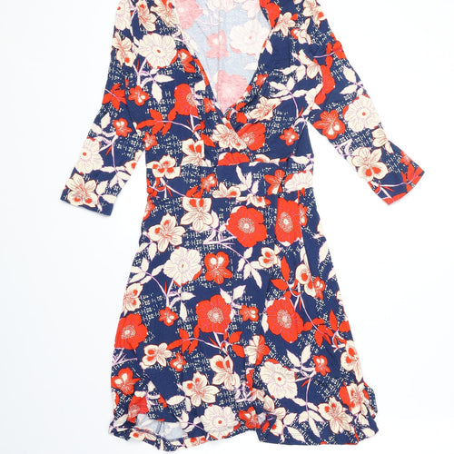 ASOS Womens Blue Floral Polyester Fit & Flare Size 10 V-Neck Pullover - Wrap Front