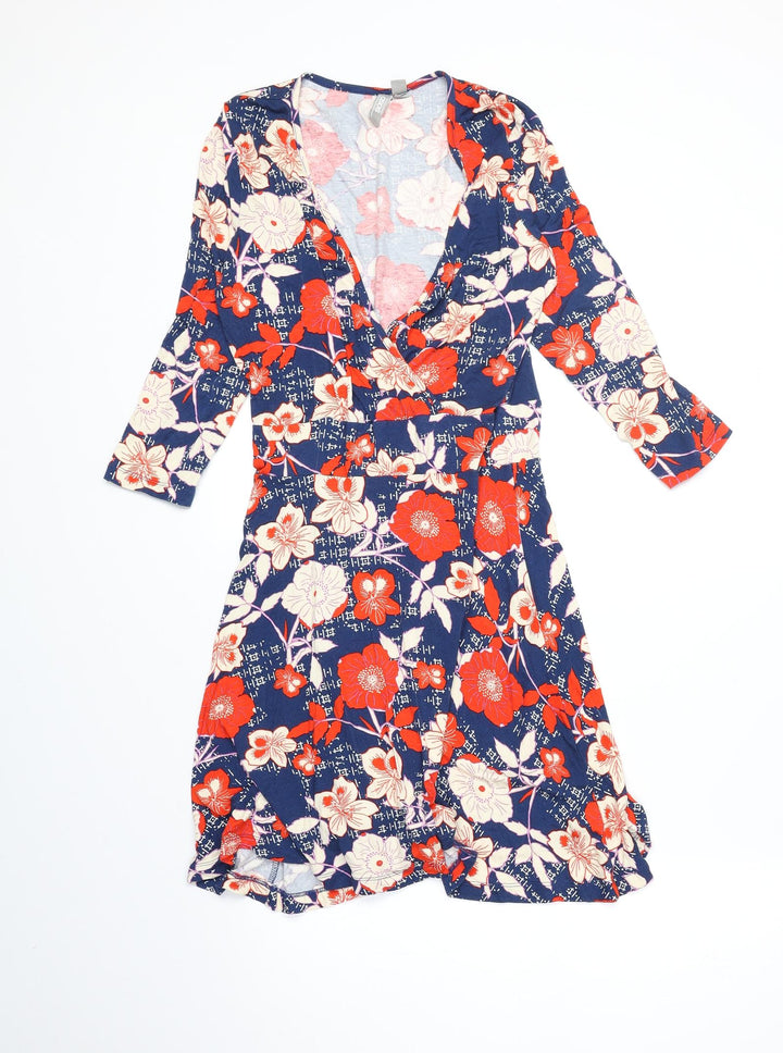 ASOS Womens Blue Floral Polyester Fit & Flare Size 10 V-Neck Pullover - Wrap Front