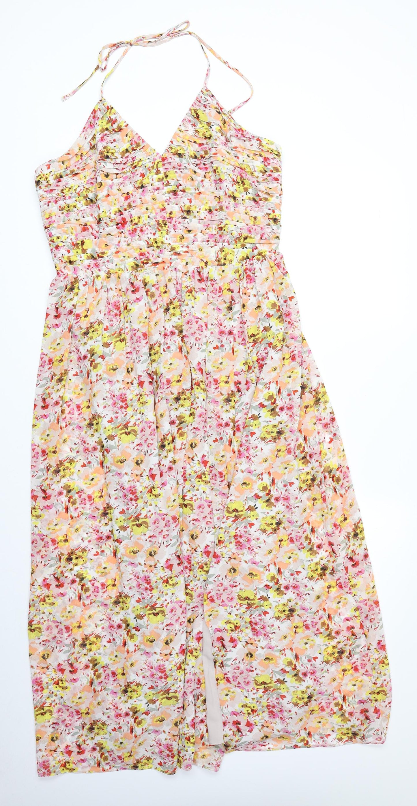 Marks and Spencer Womens Multicoloured Floral Polyester A-Line Size 12 Halter Zip - Shirred Back