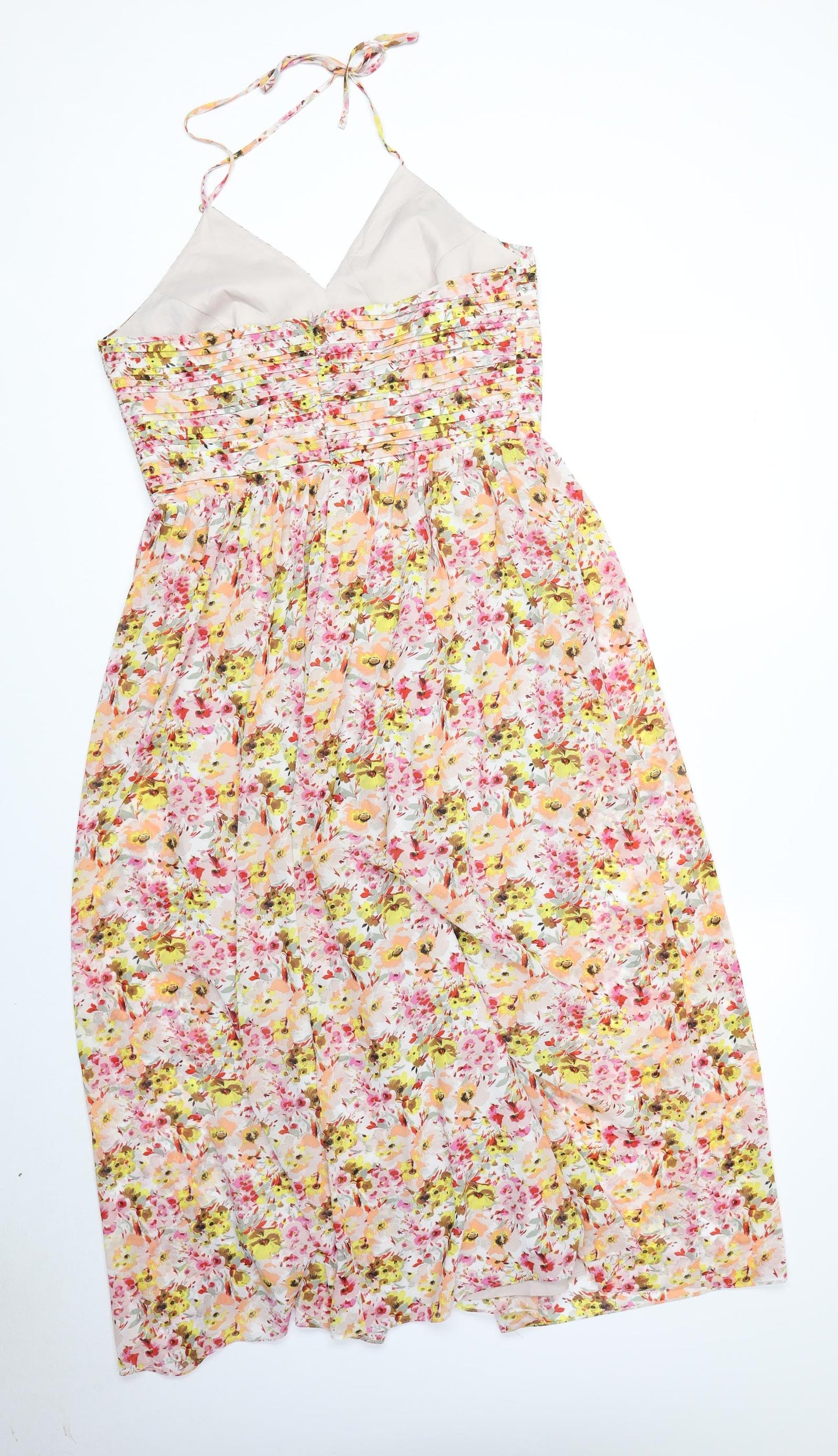 Marks and Spencer Womens Multicoloured Floral Polyester A-Line Size 12 Halter Zip - Shirred Back