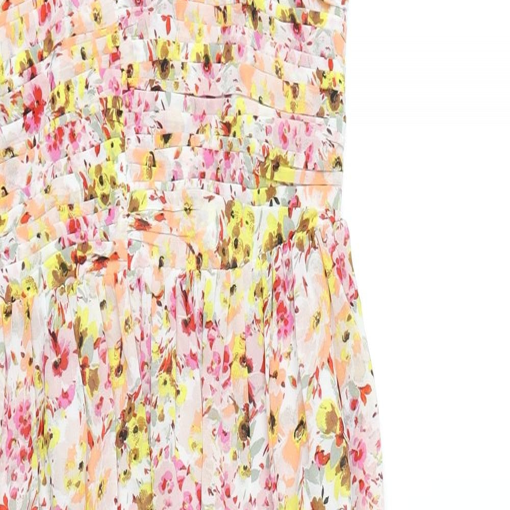 Marks and Spencer Womens Multicoloured Floral Polyester A-Line Size 12 Halter Zip - Shirred Back