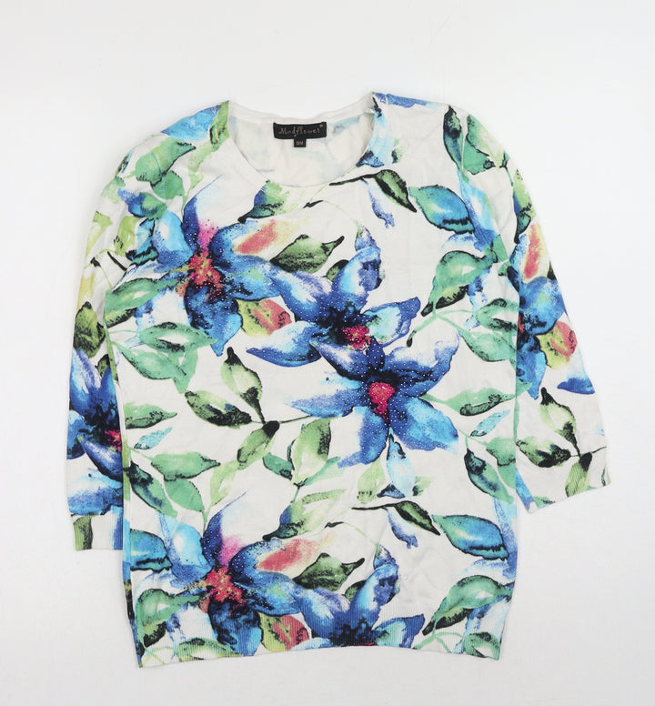Mindful Flowers Womens Blue Round Neck Floral Viscose Pullover Jumper Size S