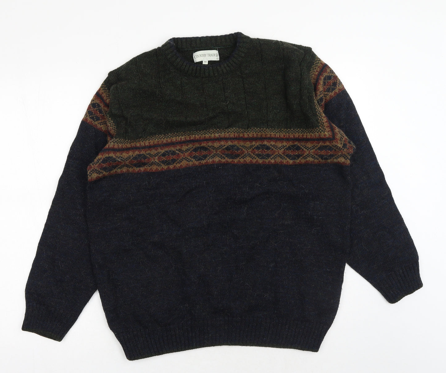 Country Trader Mens Green Round Neck Fair Isle Acrylic Pullover Jumper Size M Long Sleeve