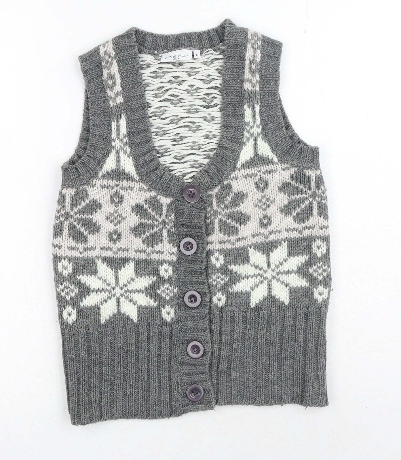 New Look Womens Grey V-Neck Geometric Acrylic Vest Jumper Size 10