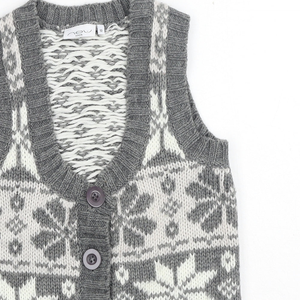 New Look Womens Grey V-Neck Geometric Acrylic Vest Jumper Size 10