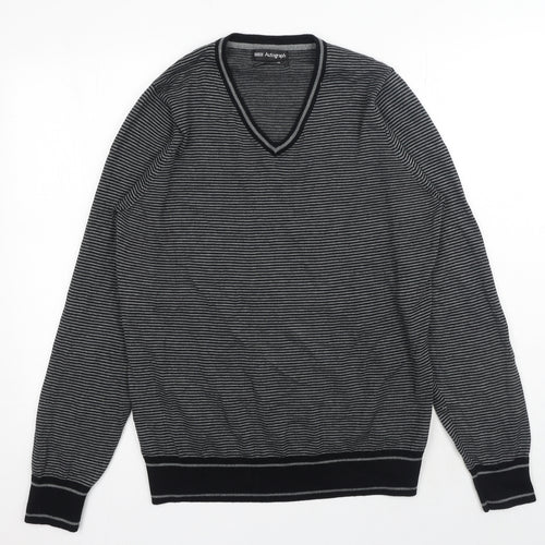 Marks and Spencer Mens Black V-Neck Striped Cotton Pullover Jumper Size S Long Sleeve