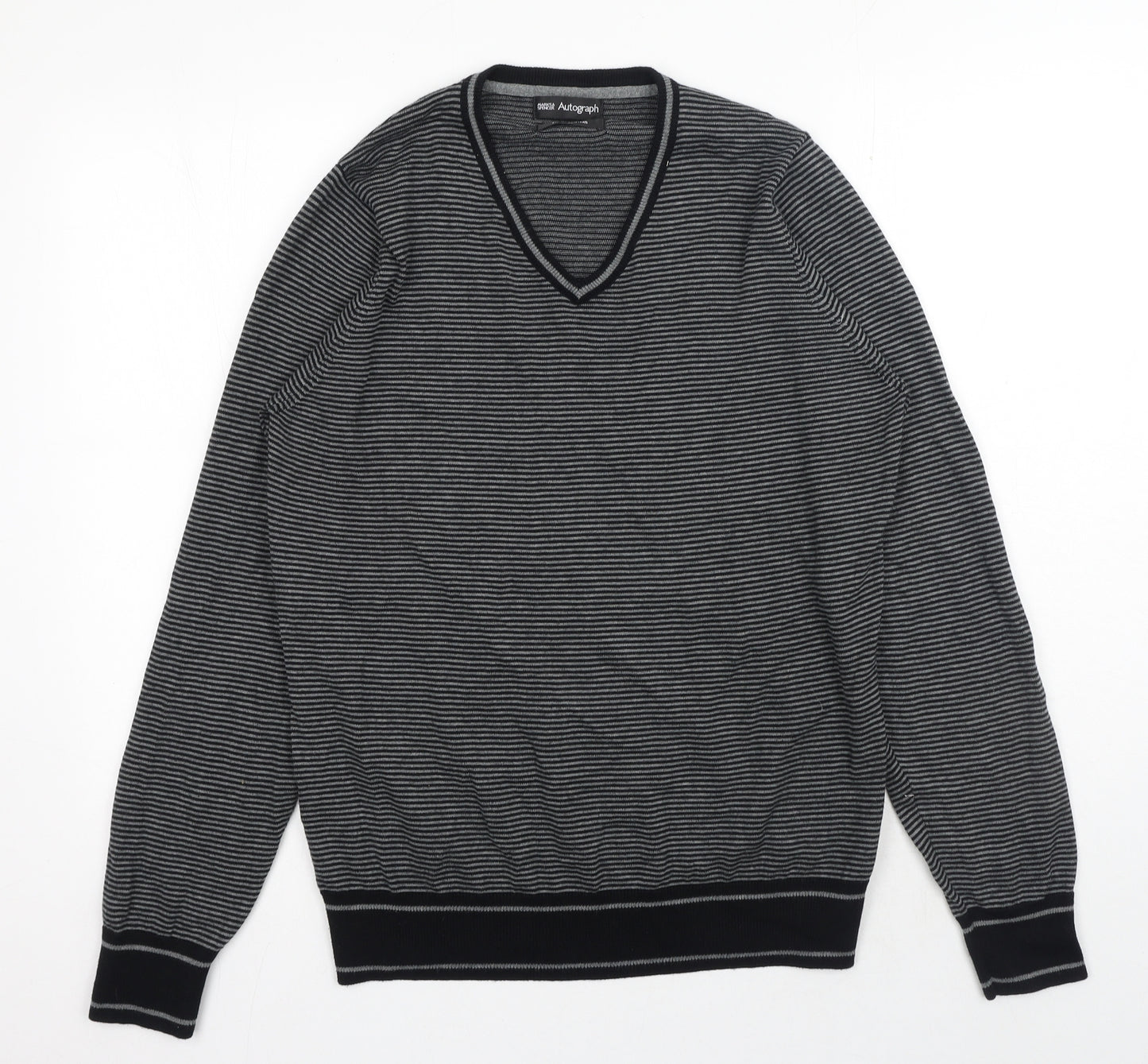 Marks and Spencer Mens Black V-Neck Striped Cotton Pullover Jumper Size S Long Sleeve