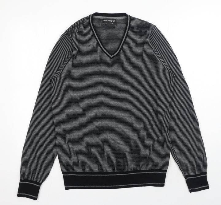 Marks and Spencer Mens Black V-Neck Striped Cotton Pullover Jumper Size S Long Sleeve