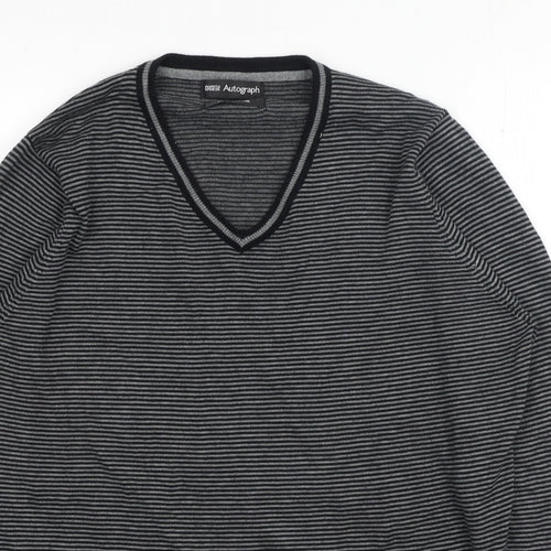 Marks and Spencer Mens Black V-Neck Striped Cotton Pullover Jumper Size S Long Sleeve