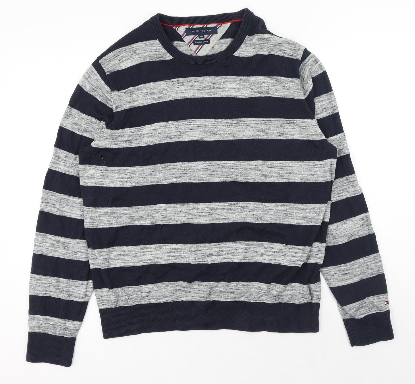 Tommy Hilfiger Mens Blue Round Neck Striped Cotton Pullover Jumper Size 2XL Long Sleeve