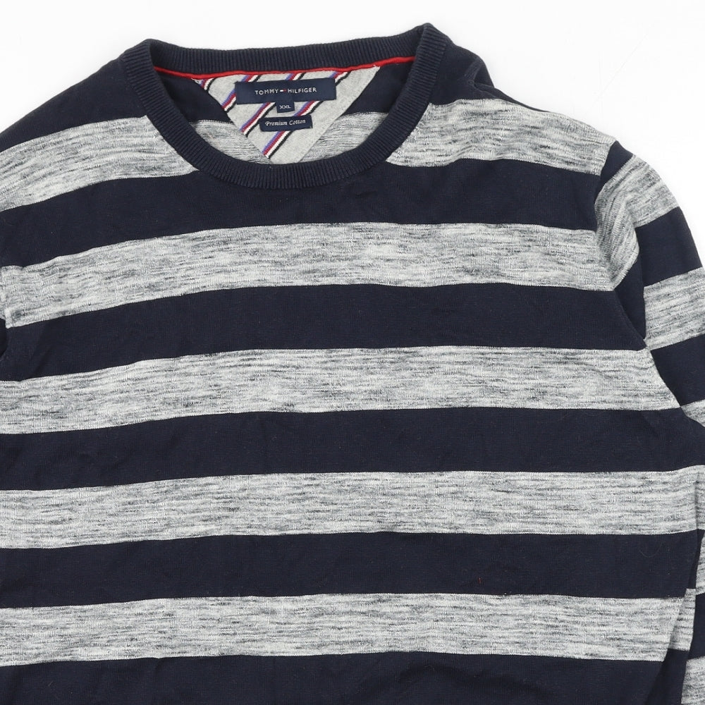 Tommy Hilfiger Mens Blue Round Neck Striped Cotton Pullover Jumper Size 2XL Long Sleeve