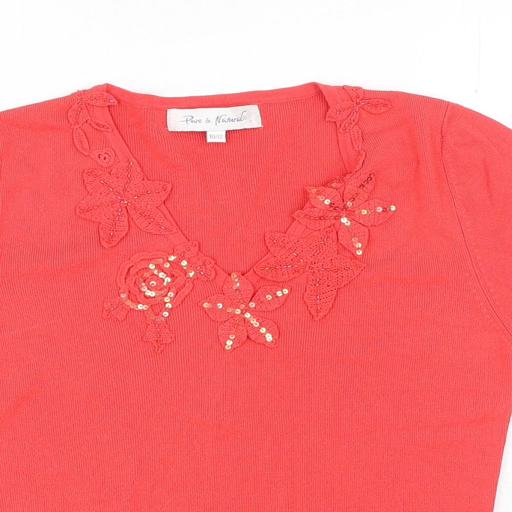 Pure & Natural Womens Red Nylon Basic T-Shirt Size 10 V-Neck