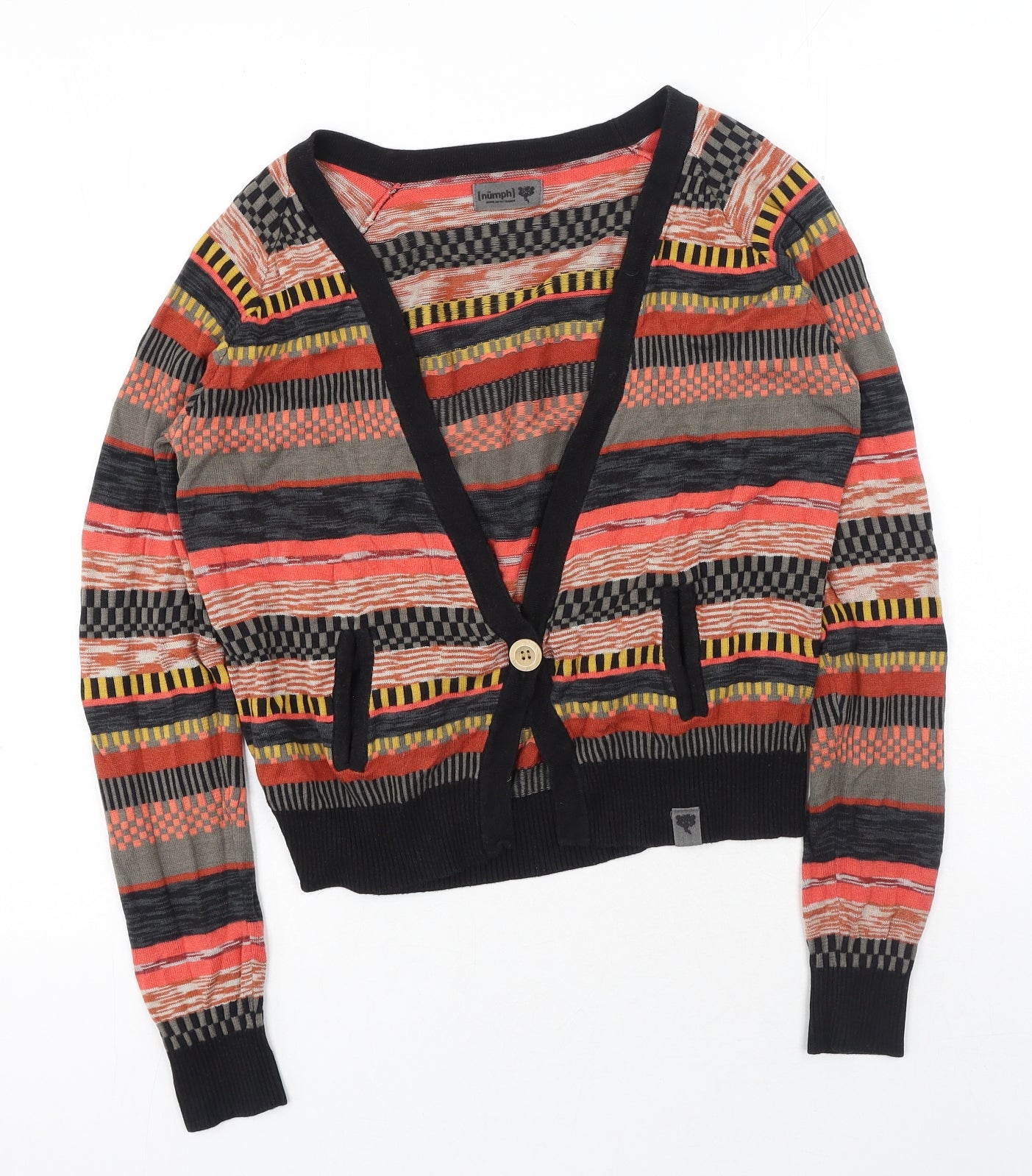 Numph Womens Orange V-Neck Geometric Viscose Cardigan Jumper Size L